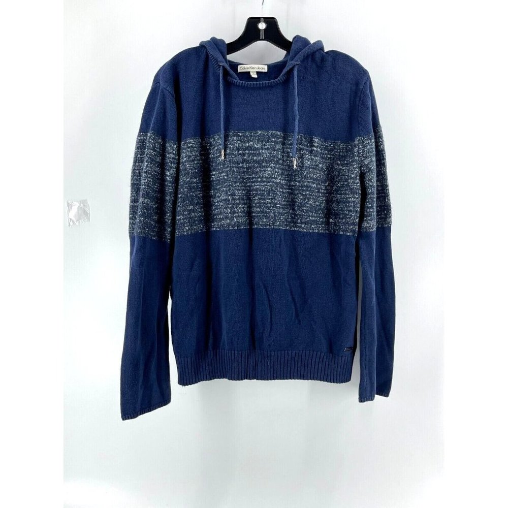 Calvin Klein Jeans Men's Long Sleeve Hooded Blue Gray Stripe Sweater Size Large